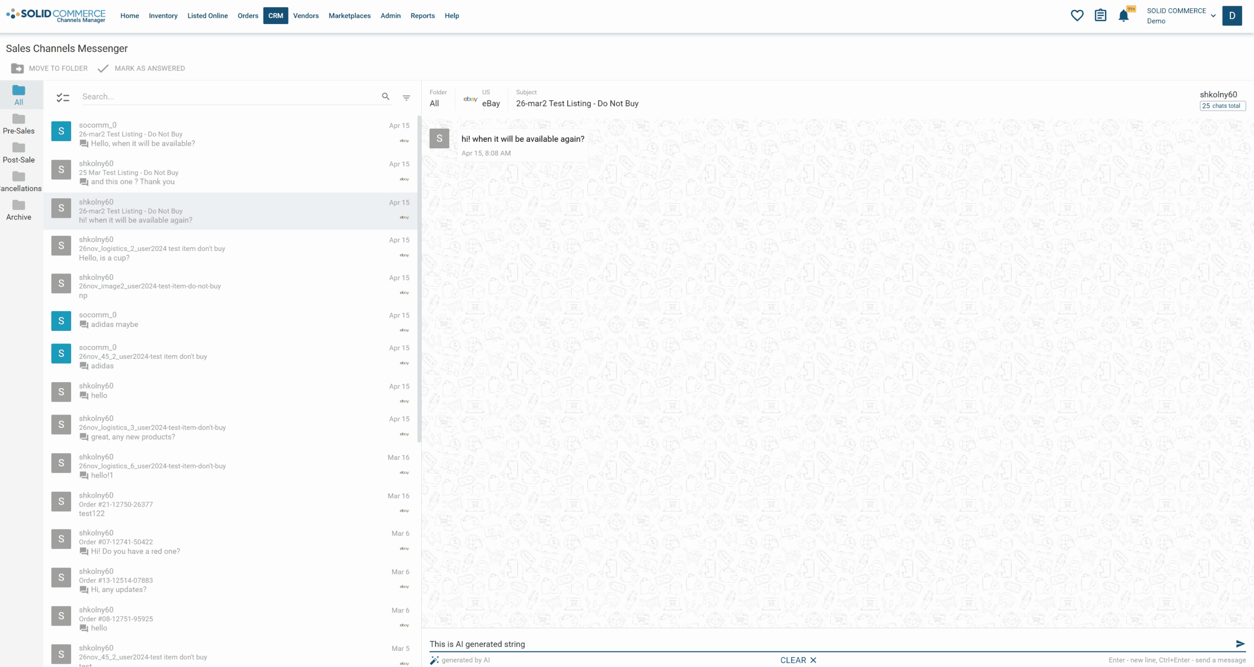 Solid Commerce AutoReply unified inbox for marketplace buyer messages.