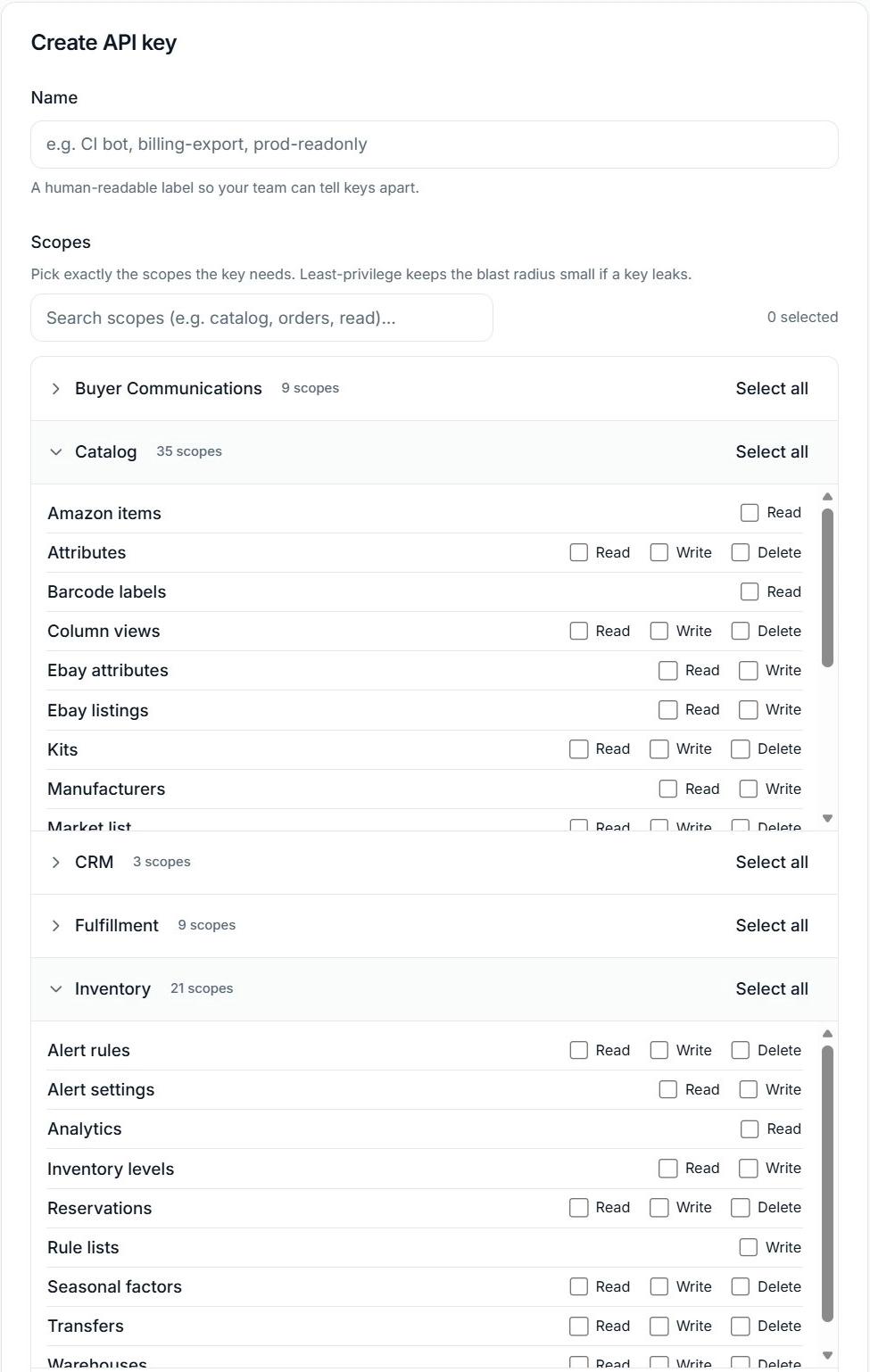 Create API key form with a name field, scope search, and separate Read, Write, and Delete checkboxes for individual Catalog and Inventory features.